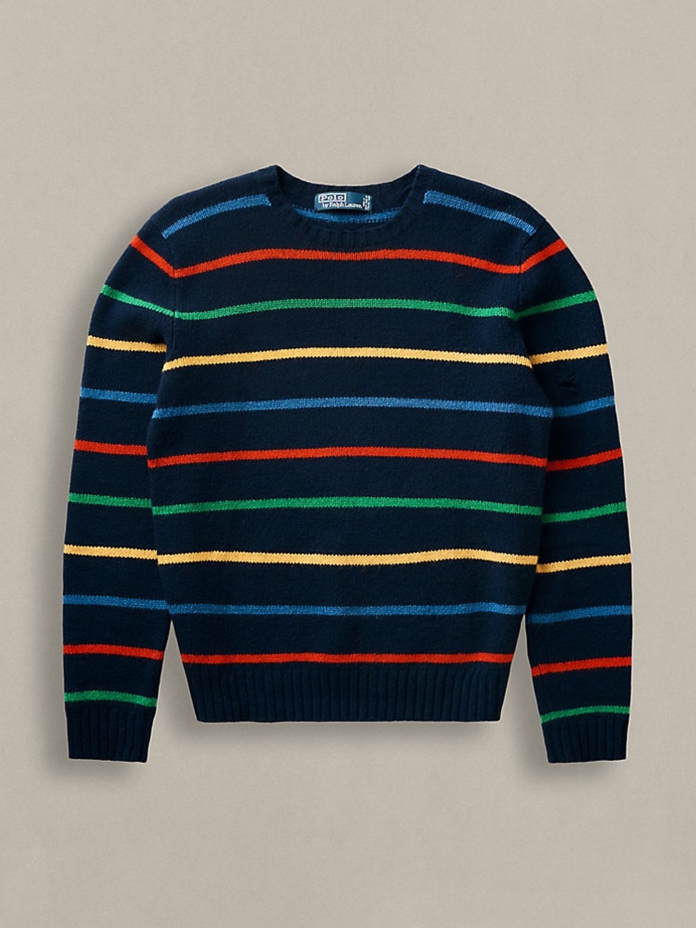 Ralph Lauren Navy Crewneck With Multicolored Stripes 100% Wool Size Large